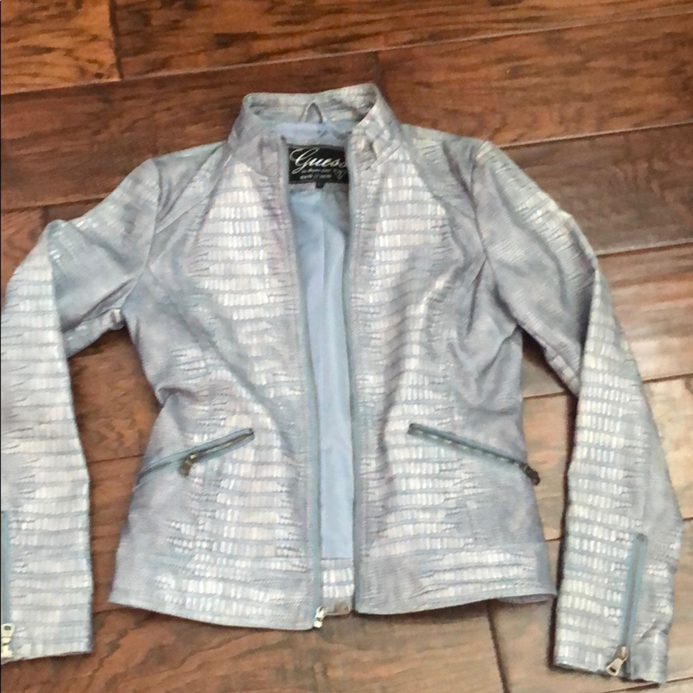 Guess faux laminate leather looking blue jacket
